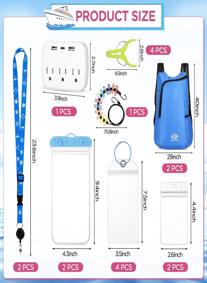 FACULX Cruise Must Haves Includes Cruise Luggage Tags, Cruise Lanyard, Waterproof Phone Bags, Travel Clothesline, Portable Backpack, Towel Clips, Power Strip for Carnival Essentials Kit (Blue and Pink) - Image 3